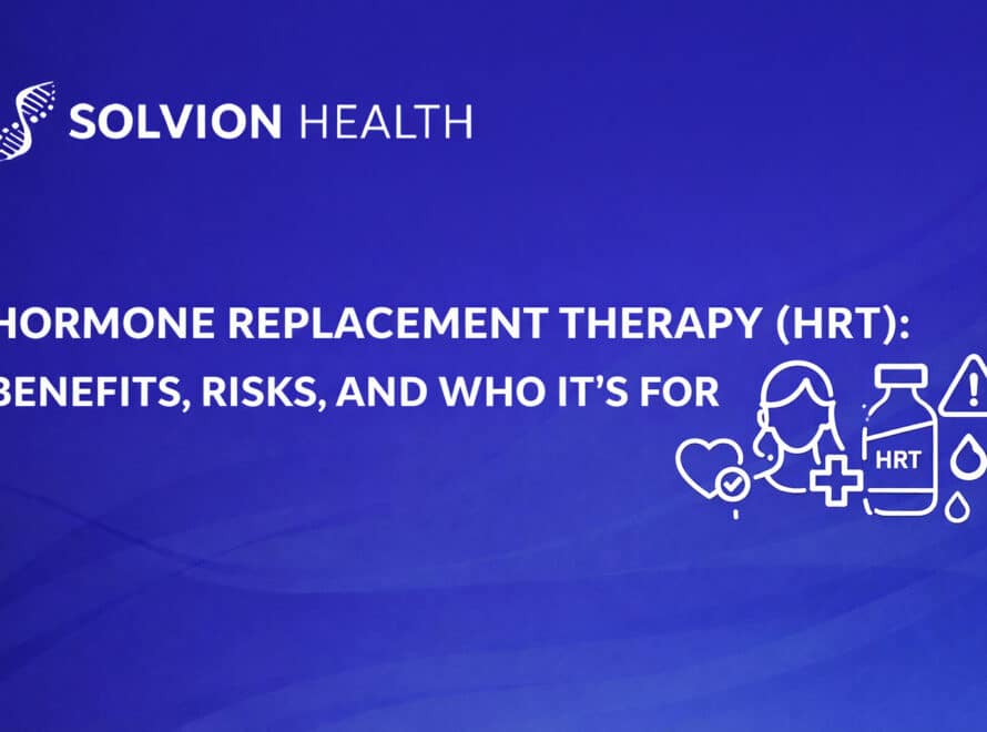 Create a Solvion Health featured blog image at 1536×630 px using a deep Solvion-blue gradient background with subtle wave accents. Render the article headline in bold, all-caps, clinical-modern sans-serif typography, flat pure white (#FFFFFF) with no gradients, shadows, glow, bevels, or transparency. Include a single topic-relevant white line icon (flat #FFFFFF) that directly represents the article subject; icons must change per article and may not be reused. Do not embed the logo during image generation. After generation, overlay the official Solvion Health logo in flat white (#FFFFFF), sized to exactly 180 px wide, positioned top-left with a 48 px left margin and 40 px top margin, maintaining a 24 px clear safe zone on all sides. The logo must have no effects or rescaling and must never compete with the headline. Export as a clean PNG with no sharpening or compression artifacts. title: Hormone Replacement Therapy (HRT): Benefits, Risks, and Who It’s For